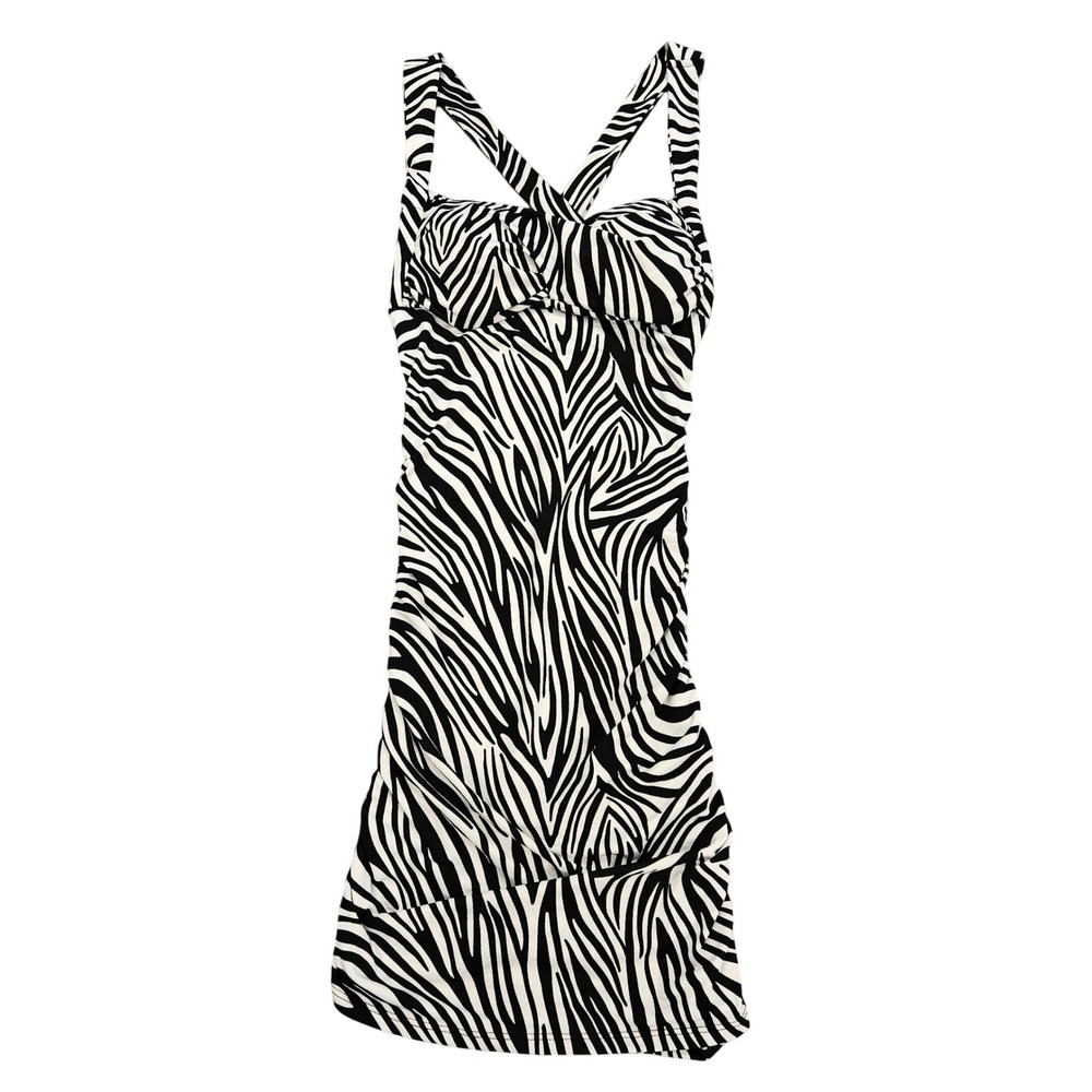 Chesley Zebra Print Ruched Mini Dress Black‎ White Crisscross Back Sleeveless